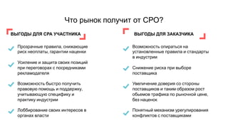 Что рынок получит от СРО?
ВЫГОДЫ ДЛЯ СРА УЧАСТНИКА
Прозрачные правила, снижающие
риск неоплаты, гарантии наценки
Усиление и защита своих позиций
при переговорах с посредниками
рекламодателя
Возможность быстро получить
правовую помощь и поддержку,
учитывающую специфику и
практику индустрии
Лоббирование своих интересов в
органах власти
ВЫГОДЫ ДЛЯ ЗАКАЗЧИКА
Возможность опираться на
установленные правила и стандарты
в индустрии
Снижение риска при выборе
поставщика
Увеличение доверия со стороны
поставщиков и таким образом рост
обьемов трафика по рыночной цене,
без наценок
Понятный механизм урегулирования
конфликтов с поставщиками
 