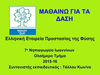 ΜΑΘΑΙΝΩ ΓΙΑ ΤΑ
ΔΑΣΗ
Ελληνική Εταιρεία Προστασίας της Φύσης
7ο
Νηπιαγωγείο Ιωαννίνων
Ολοήμερο Τμήμα
2015-16
Συντονιστής εκπαιδευτικός : Τάλλου Κων/να
 