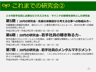 これまでの研究会②
第5期：20代の研究会～先輩の体験談から考える仕事への取組み方～
先輩職員の体験談を聞き、他のメンバーと意見交換することによって、自分の仕事への取組
み方を研究し学んだ
平成22年11月～平成23年2月＜全4回＞14：00～17：00
第6期：20代の研究会～若手社員の聴き取る力～
若手社員のコミュニケーション力を高め、必要かつ重要な情報をしっかりと捉えることので
きる「聴き取る力」を研究し学んだ
平成23年11月～平成24年2月＜全4回＞13：00～17：00
第7期：20代の研究会～若手社員のメンタルマネジメント
若手社員のメンタル耐性を高めるために、「メンタルマネジメント」の必要性と自己改革の
ポイントを研究し学んだ
平成24年8月～平成24年11月＜全4回＞13：00～17：00
26
２０代若手社員に必要なビジネススキル・マインドの習得を目的とした研究会
 
