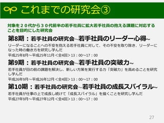 これまでの研究会③
第8期：若手社員の研究会～若手社員のリーダー心得～
リーダーになることへの不安を抱える若手社員に対して、その不安を取り除き、リーダーに
なった時の働き方を研究し学んだ
平成25年8月～平成25年11月＜全4回＞13：00～17：00
第9期：若手社員の研究会～若手社員の突破力～
若手社員が目の前の課題を解決し、新しい方策を実行する力「突破力」を高めることを研究
し学んだ
平成26年9月～平成26年12月＜全4回＞13：00～17：00
第10期：若手社員の研究会～若手社員の成長スパイラル～
若手社員が仕事の上で成長し続けて「成長スパイラル」を描くことを研究し学んだ
平成27年9月～平成27年12月＜全4回＞13：00～17：00
27
対象を２０代から３０代前半の若手社員に拡大若手社員の抱える課題に対応する
ことを目的にした研究会
 