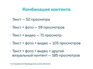 • Текст — 52 просмотра
• Текст + фото — 59 просмотров
• Текст + видео — 71 просмотр
• Текст + фото + видео — 105 просмотров
• Текст + фото + видео + другой
визуальный контент — 185 просмотров
* исследования Гарвардской школы бизнеса
Комбинация контента
 