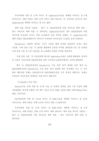 118
우리나라에 속한 총 17개 사이트 중 Application기술을 채택한 사이트는 총 0개
사이트이고, 채택 비율은 전체 17개 사이트 대비 0%이다. 즉, 우리나라 사이트의 경우
Application을 채택한 사이트는 한 곳도 없다.
채택 비율 차이의‘ODI상 – 한국’은‘ODI상위권에 속한 사이트의 채택 비율 –
한국 사이트의 채택 비율’로 얻어진다. Application기술의 경우 ODI상위권에 속한
사이트와 우리나라 사이트 간에 15.20%의 비율 차이를 보였다. 즉, Application기술
채택 비율은 OECD회원국의 사이트가 우리나라 사이트보다 15.20% 높게 나타났다.
DataService 컬럼에 제시된, 7가지 기술명 옆에 위치한 괄호안의 숫자는 앞서
기술한‘국제 유망 기술’의 결과를 활용하여 순위를 부여한 결과인데 이는 총 10개의
국제 유망 기술 중 7개 기술만을 재 고려하여 순위를 부여한 결과이다.
‘국제 유망 기술’의 우선순위에 따르면 Application기술은 4위에 해당한다. 하지만
이 기술은 우리나라와 ODI상위권에 속한 국가간의 GAP분석에서는 1위에 해당한다.
‘한국 Vs ODI상위권간의 DataService 기술 관점’분석 결과를 보면‘한국 Vs
OECD회원국간의 DataService 기술 관점’분석 결과와 매우 유사하다. 이는 두 가지
원인 때문인데 첫째는 ODI상위국과 OECD회원국간의 국가 중복성 때문이고, 둘째는
우리나라 사이트들의 채택율이 거의 0이기 때문이다.
2) DataSet 기술 관점
DataSet기술 군에 속한 총 47개 기술 중 유의한 결과를 보인 7개 기술에 대해
기술하였다. 분석에 포함된 7개 세부 기술은 CSV, KML, JSON, RDF, SHP(Shape File),
XML, TXT이다.
ODI상위권에 속한 총 112개 사이트 중 KML기술을 채택한 사이트는 총 19개
사이트이고, 채택 비율은 전체 112개 사이트 대비 17.00%이다.
우리나라에 속한 총 17개 사이트 중 KML기술을 채택한 사이트는 총 0개
사이트이고, 채택 비율은 전체 17개 사이트 대비 0%이다. 채택 비율 차이의‘ODI상 –
한국’은‘ODI상위권에 속한 사이트의 채택 비율 – 한국 사이트의 채택 비율’로
얻어진다.
 
