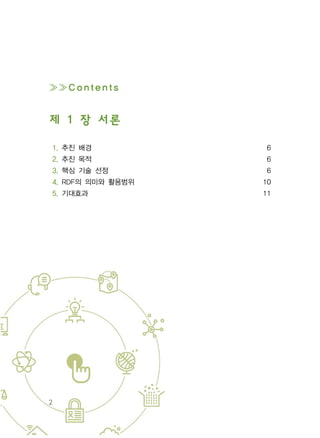 2
≫≫Contents
제 1 장 서론
1. 추진 배경 6
2. 추진 목적 6
3. 핵심 기술 선정 6
4. RDF의 의미와 활용범위 10
5. 기대효과 11
 
