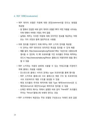 24
4. RDF 어휘(Vocabularies)
• RDF 데이터 모델은 자원에 대한 문장(statement)을 만드는 방법을
제공함
- 앞 절에서 언급한 바와 같이 데이터 모델은 IRI가 어떤 자원을 나타내는
지에 대해서 어떠한 가정도 하지 않음
- 실제로, RDF는 이러한 자원에 대해 의미적인 정보를 제공하는 어휘
또는 기타 규정과 함께 일반적으로 사용됨
• 어휘 정의를 지원하기 위해 RDF는 RDF 스키마 언어를 제공함
- 이 언어는 RDF 데이터의 의미적인 특성을 정의할 수 있게 해줌
- 예를 들어, http://www.example.org/friendof IRI는 ‘속성’으로 사용되도록
명시할 수 있으며, 이 IRI 프로퍼티를 가진 트리플의 주어와 목적어는
반드시 http://www.example.org/Person 클래스의 자원이어야 함을 명시
할 수 있음
• RDF 스키마는 자원의 분류에 사용할 수 있는 카테고리를 지정하기
위해 클래스 개념을 사용함
- 인스턴스와 클래스 사이의 관계는 type 프로퍼티를 통해 명시함
- RDF 스키마로 클래스와 서브 클래스의 계층 구조 및 프로퍼티와
서브 프로퍼티의 계층 구조를 생성할 수 있음
- 특정 트리플의 주저와 목적어에 대한 Type 제약(restrictions)은 도
메인(domain)과 레인지(range) 제약으로 정의할 수 있음
- 도메인 제약의 예시는 위에서 설명한 바와 같이 "friendOf" 트리플의
주어는 “Person”클래스에 속해야 한다는 것임
• RDF 스키마에서 제공되는 주요 모델링 구성요소는 아래의 표와 같음
 