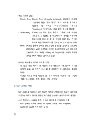 26
예는 아래와 같음
- Dublin Core: Dublin Core Metadata Initiative는 광범위한 자원을
기술하기 위한 메타 데이터 요소 세트를 유지하고
있으며, 이 어휘는 "작성자"(creator) "게시자
"(publisher) "제목"(title) 등과 같은 속성을 제공함
- schema.org: Schema.org 주요 검색 공급자 그룹에 의해 개발된
어휘로서, 그 발상은 웹 마스터가 이 용어를 사용하여
웹페이지를 마크 업 할 수 있도록 하여 검색 엔진이
무엇에 관한 페이지인지를 이해할 수 있게 한다는 것임
- SKOS: SKOS는 웹에서 용어와 동의어 등의 분류표를 공개하는 어휘로서,
2009년부터 W3C 권고되고 있으며 도서관계에서 널리 이용되고
있음(미국 의회 도서관 (Library of Congress)은 자관의 주제명
표목을 SKOS 어휘로 공개하고 있음)
• 어휘는 재사용함으로서 가치를 가짐
- 즉, 많은 어휘 IRI가 다른 사람에 의해 사용되어지면 질수록 가치를
가지게 되고, 그 가치가 다시 IRI를 사용하게 됨 (네트워크 효과와
같음)
- 이것은 새로운 IRI를 만들어내는 것이 아니라, 누군가 다른 사람의
IRI를 재사용하는 것이 좋다는 것을 의미함
5. RDF 그래프 작성
• RDF 그래프를 작성하기 위한 다양한 형식이 존재하지만, 동일한 그래프를
작성하는 각각의 형식은 동일한 트리플을 생성하고 논리적으로도 동일함
• 이번 장에서는 아래와 같은 다양한 형식들을 간략하게 다룸
- RDF 언어의 Turtle family (N-Triples, Turtle, TriG, N-Quads)
- JSON-LD (JSON 기반 RDF 구문)
 