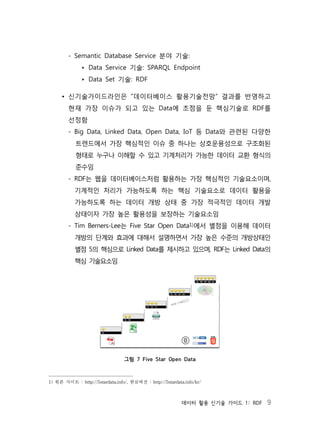 데이터 활용 신기술 가이드 1: RDF 9
- Semantic Database Service 분야 기술:
‣ Data Service 기술: SPARQL Endpoint
‣ Data Set 기술: RDF
• 신기술가이드라인은 “데이터베이스 활용기술전망” 결과를 반영하고
현재 가장 이슈가 되고 있는 Data에 초점을 둔 핵심기술로 RDF를
선정함
- Big Data, Linked Data, Open Data, IoT 등 Data와 관련된 다양한
트렌드에서 가장 핵심적인 이슈 중 하나는 상호운용성으로 구조화된
형태로 누구나 이해할 수 있고 기계처리가 가능한 데이터 교환 형식의
준수임
- RDF는 웹을 데이터베이스처럼 활용하는 가장 핵심적인 기술요소이며,
기계적인 처리가 가능하도록 하는 핵심 기술요소로 데이터 활용을
가능하도록 하는 데이터 개방 상태 중 가장 적극적인 데이터 개발
상태이자 가장 높은 활용성을 보장하는 기술요소임
- Tim Berners-Lee는 Five Star Open Data1)에서 별점을 이용해 데이터
개방의 단계와 효과에 대해서 설명하면서 가장 높은 수준의 개방상태인
별점 5의 핵심으로 Linked Data를 제시하고 있으며, RDF는 Linked Data의
핵심 기술요소임
그림 7 Five Star Open Data
 