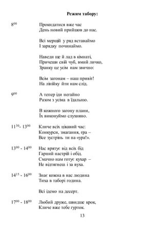 13
Режим табору:
800 Прокидатися вже час
День новий прийшов до нас.
Всі мерщій у ряд вставаймо
І зарядку починаймо.
Наведи ще й лад в кімнаті,
Причеши свій чуб, вмий личко,
Зранку це усім нам звично:
Всім загонам – наш привіт!
На лінійку йти нам слід.
900 А тепер іди негайно
Разом з усіма в їдальню.
В кожного загону плани,
Їх виконуймо слухняно.
1130- 1300 Кличе всіх цікавий час:
Конкурси, змагання, гра –
Все зустрінь ти на «ура!».
1300 - 1400 Нас врятує від всіх бід
Гарний настрій і обід.
Смачно нам готує кухар –
Не відтягнеш і за вуха.
1415 - 1600 Знає кожна в нас людина
Тиха в таборі година.
Всі ідемо на десерт.
1700 - 1800 Любий друже, швидше крок,
Кличе вже тебе гурток.
 
