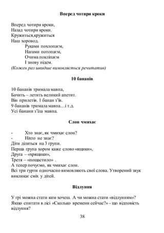 38
Вперед чотири кроки
Вперед чотири кроки,
Назад чотири кроки.
Кружиться,кружиться
Наш хоровод.
Руками похлопаєм,
Нагами потопаєм,
Очима покліпаєм
І знову підем.
(Кожен раз швидше вимовляється речитатив)
10 бананів
10 бананів тримала мавпа,
Бачить – летить великий апетит.
Він прилетів. 1 банан з’їв.
9 бананів тримала мавпа…і т.д.
Усі банани з’їла мавпа.
Слон чмихає
- Хто знає, як чмихає слон?
- Ніхто не знає?
Діти діляться на 3 групи.
Перша група хором каже слово «ящики»,
Друга – «хрящики»,
Третя – «пощастило» .
А тепер почуємо, як чмихає слон.
Всі три гурти одночасно вимовляють свої слова. Утворений звук
викликає сміх у дітей.
Відлуння
У грі можна стати ким хочеш. А чи можна стати «відлунням»?
Якщо спитати в лісі «Сколько времени сейчас?» - що відповість
відлуння?
 