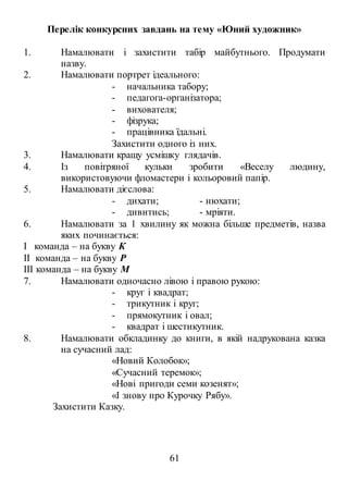 61
Перелік конкурсних завдань на тему «Юний художник»
1. Намалювати і захистити табір майбутнього. Продумати
назву.
2. Намалювати портрет ідеального:
- начальника табору;
- педагога-організатора;
- вихователя;
- фізрука;
- працівника їдальні.
Захистити одного із них.
3. Намалювати кращу усмішку глядачів.
4. Із повітряної кульки зробити «Веселу людину,
використовуючи фломастери і кольоровий папір.
5. Намалювати дієслова:
- дихати; - нюхати;
- дивитись; - мріяти.
6. Намалювати за 1 хвилину як можна більше предметів, назва
яких починається:
I команда – на букву К
II команда – на букву Р
III команда – на букву М
7. Намалювати одночасно лівою і правою рукою:
- круг і квадрат;
- трикутник і круг;
- прямокутник і овал;
- квадрат і шестикутник.
8. Намалювати обкладинку до книги, в якій надрукована казка
на сучасний лад:
«Новий Колобок»;
«Сучасний теремок»;
«Нові пригоди семи козенят»;
«І знову про Курочку Рябу».
Захистити Казку.
 