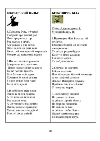 70
ВОЖАТСЬКИЙ ВАЛЬС
1.Сонця не буде, не чекай
І забувай про теплий рай
Наче прорвало у горі
Все залило в дрорі.
Але в душі у нас весна
Наче ця ніч, як день ясна
Вальс цей вожатський закружляв
Мокрих до танцю нас підняв
2.Ніч все накрила рукавом.
Зачарувала всіх нас сном
Тільки вожатий ще не спить
Та ліс густий шумить
Біля багаття всі сидять
Хочеться їм пісні співать
З нами співає дощ пісні
Та ці пісні сумні.
3.В небі зірок ніде нема
Змила їх хвиля дощова
А під ногами лиш вода
Все залила вона.
А ми танцюєм під дощем
Навіть вогонь горить іще
Хто не танцює –не дрімай
В ритмі дощу співай.
БЕЗКОЗИРКА БІЛА
Слова :Александрова З.
Музика:Модель В.
1.Безкозирка біла і смугастий
комірець
Бравого солдати ми спитали
навпростець.
Ти звідки родом будеш
Кому ти вірно служиш
І на яких морях
Ти побував моряк.
2.Стрічки за плечими
Гойдає вітерець.
Нам відповідає бравий молодець
А ми на флоті служим
Давно з Нептуном дружим.
Пройшли ми довгий шлях
У нього по морях.
3.З водоспаду падали
На дно не раз ішли
А скільки друзів вірних
На морі ми знайшли.
На мілині сиділи.
А скільки риби з`їли –
Одних плямистих щук
Спіймали сорок штук.
 