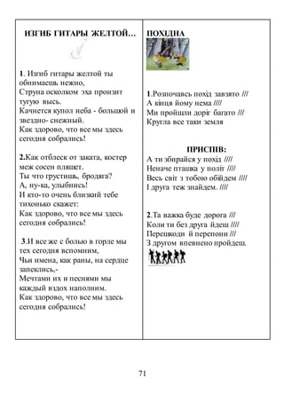 71
ИЗГИБ ГИТАРЫ ЖЕЛТОЙ…
1. Изгиб гитары желтой ты
обнимаешь нежно,
Струна осколком эха пронзит
тугую высь.
Качнется купол неба - большой и
звездно- снежный.
Как здорово, что все мы здесь
сегодня собрались!
2.Как отблеск от заката, костер
меж сосен пляшет.
Ты что грустишь, бродяга?
А, ну-ка, улыбнись!
И кто-то очень близкий тебе
тихонько скажет:
Как здорово, что все мы здесь
сегодня собрались!
3.И все же с болью в горле мы
тех сегодня вспомним,
Чьи имена, как раны, на сердце
запеклись,-
Мечтами их и песнями мы
каждый вздох наполним.
Как здорово, что все мы здесь
сегодня собрались!
ПОХІДНА
1.Розпочавсь похід завзято ///
А кінця йому нема ////
Ми пройшли доріг багато ///
Кругла все таки земля
ПРИСПІВ:
А ти збирайся у похід ////
Неначе пташка у політ ////
Весь світ з тобою обійдем ////
І друга теж знайдем. ////
2.Та важка буде дорога ///
Коли ти без друга йдеш ////
Перешкоди й перепони ///
З другом впевнено пройдеш.
 
