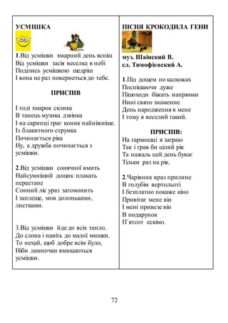 72
УСМІШКА
1.Від усмішки хмарний день ясніш
Від усмішки засія веселка в небі
Поділись усмішкою щедріш
І вона не раз повернеться до тебе.
ПРИСПІВ
І тоді хмарок склика
В танець музика дзвінка
І на скрипці грає коник найніжніше.
Із блакитного струмка
Починається ріка
Ну, а дружба починається з
усмішки.
2.Від усмішки сонячної вмить
Найсумніший дощик плакать
перестане
Сонний ліс ураз загомонить
І заплеще, мов долоньками,
листками.
3.Від усмішки йде до всіх тепло.
До слона і навіть до малої мишки.
То нехай, щоб добре всім було,
Ніби лампочки вмикаються
усмішки.
ПІСНЯ КРОКОДИЛА ГЕНИ
муз. Шаiнский В.
сл. Тимофiевский А.
1.Під дощем по калюжах
Поспішаючи дуже
Пішоходи біжать напрямки
Нині свято знаменне
День народження в мене
І тому я веселий такий.
ПРИСПІВ:
На гармошці я заграю
Так і грав би цілий рік
Та нажаль цей день буває
Тільки раз на рік.
2.Чарівник враз прилине
В голубім вертольоті
І безплатно покаже кіно
Привітає мене він
І мені привезе він
В подарунок
П`ятсот ескімо.
 
