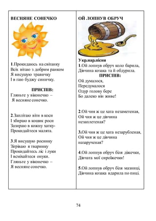 74
ВЕСНЯНЕ СОНЕЧКО
1.Прокидаюсь на світанку
Всіх вітаю з добрим ранком
Я висушую травичку
І в гаю буджу синичку.
ПРИСПІВ:
Гляньте у віконечко –
Я весняне сонечко.
2.Заплітаю віти в коси
І збираю в кошик роси
Зазираю в кожну хатку-
Прокидайтеся малята.
3.Я висушую росинку
Зігріваю я тваринку
Прокидайтесь ліс і луки
І всміхайтеся онуки.
Гляньте у віконечко –
Я весняне сонечко.
ОЙ ЛОПНУВ ОБРУЧ
Укр.нар.пісня
1.Ой лопнув обруч коло барила,
Дівчина козака та й обдурила.
ПРИСПІВ:
Ой думалося,
Передумалося
Одур голову бере
Бо далеко він живе!
2.Ой чия ж це хата незаметеная,
Ой чия ж це дівчина
незаплетеная?
3.Ой чия ж це хата незарубленая,
Ой чия ж це дівчина
назарученая?
4.Ой лопнув обруч біля діжечки,
Дівчата мої сироїжечки!
5.Ой лопнув обруч біля мазниці,
Дівчина козака вдарила по пиці.
 