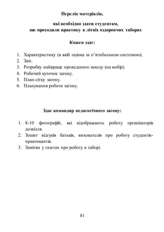 81
Перелік матеріалів,
які необхідно здати студентам,
що проходили практику в літніх оздоровчих таборах
Кожен здає:
1. Характеристику (в якій оцінка за п’ятибальною системою).
2. Звіт.
3. Розробку найкраще проведеного заходу (на вибір).
4. Робочий куточок загону.
5. План-сітку загону.
6. Планування роботи загону.
Здає командир педагогічного загону:
1. 8-10 фотографій, які відображають роботу організаторів
дозвілля.
2. Зошит відгуків батьків, вихователів про роботу студентів-
практикантів.
3. Замітки у газетах про роботу в таборі.
 
