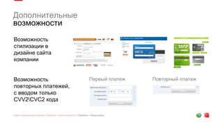 Дополнительные
возможности
Возможность
стилизации в
дизайне сайта
компании
Возможность
повторных платежей,
с вводом только
CVV2CVC2 кода
Первый платеж Повторный платеж
 