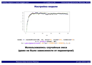 Разбор задачи с www.kaggle.com 17 слайд из 28 Александр Дьяконов (Москва, МГУ)
Moscow Data Science Meetup 27 мая 2016 года
Настройка модели
model <- randomForest(M1, mr, mtry=40, ntree=200, nodesize=10)
a <- predict(model, M2)
b = pmin(pmax(round(1.45*(a-3.309805)+3.309805),1),4)
ИИссппооллььззооввааллииссьь ссллууччааййнныыее ллеессаа
((ддаажжее ннее ббыыллоо ззааввииссииммооссттии оотт ппааррааммееттрроовв!!))
 