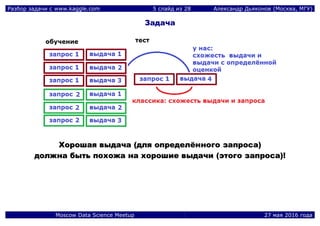 Разбор задачи с www.kaggle.com 5 слайд из 28 Александр Дьяконов (Москва, МГУ)
Moscow Data Science Meetup 27 мая 2016 года
Задача
ХХоорроошшааяя ввыыддааччаа ((ддлляя ооппррееддееллёённннооггоо ззааппррооссаа))
ддооллжжннаа ббыыттьь ппооххоожжаа ннаа ххоорроошшииее ввыыддааччии ((ээттооггоо ззааппррооссаа))!!
 