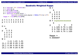 Разбор задачи с www.kaggle.com 7 слайд из 28 Александр Дьяконов (Москва, МГУ)
Moscow Data Science Meetup 27 мая 2016 года
Quadratic Weighted Kappa
E = table(y) %*% t(table(a))
O = table(y,a)
E = E/sum(E)*sum(O)
n = length(unique(y))
W = (matrix(1:n,nr=n,nc=n) -
matrix(1:n,nr=n,nc=n,byrow = TRUE))**2/(n-1)**2
kappa = 1-sum(W*O)/sum(W*E)
a = 1 1 2 1 3 2 3 3
y = 1 1 1 2 2 3 3 3
O =
a
y 1 2 3
1 2 1 0
2 1 0 1
3 0 1 2
W =
[,1] [,2] [,3]
[1,] 0.00 0.25 1.00
[2,] 0.25 0.00 0.25
[3,] 1.00 0.25 0.00
E =
a
y 1 2 3
1 9 6 9
2 6 4 6
3 9 6 9
E = нормализованная
a
y 1 2 3
1 1.125 0.75 1.125
2 0.750 0.50 0.750
3 1.125 0.75 1.125
Kappa =
0.6666667
 