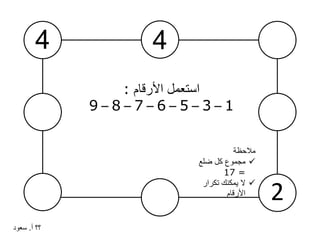 4
2
‫األرقام‬ ‫استعمل‬:
1–3–5–6–7–8–9
4
‫مالحظة‬
‫ضلع‬ ‫كل‬ ‫مجموع‬
=17
‫تكرار‬ ‫يمكنك‬ ‫ال‬
‫األرقام‬
‫أ‬ ‫؟؟‬.‫سعود‬
 