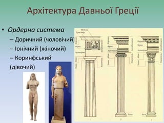 Архітектура Давньої Греції
• Ордерна система
– Доричний (чоловічий)
– Іонічний (жіночий)
– Коринфський
(дівочий)
 