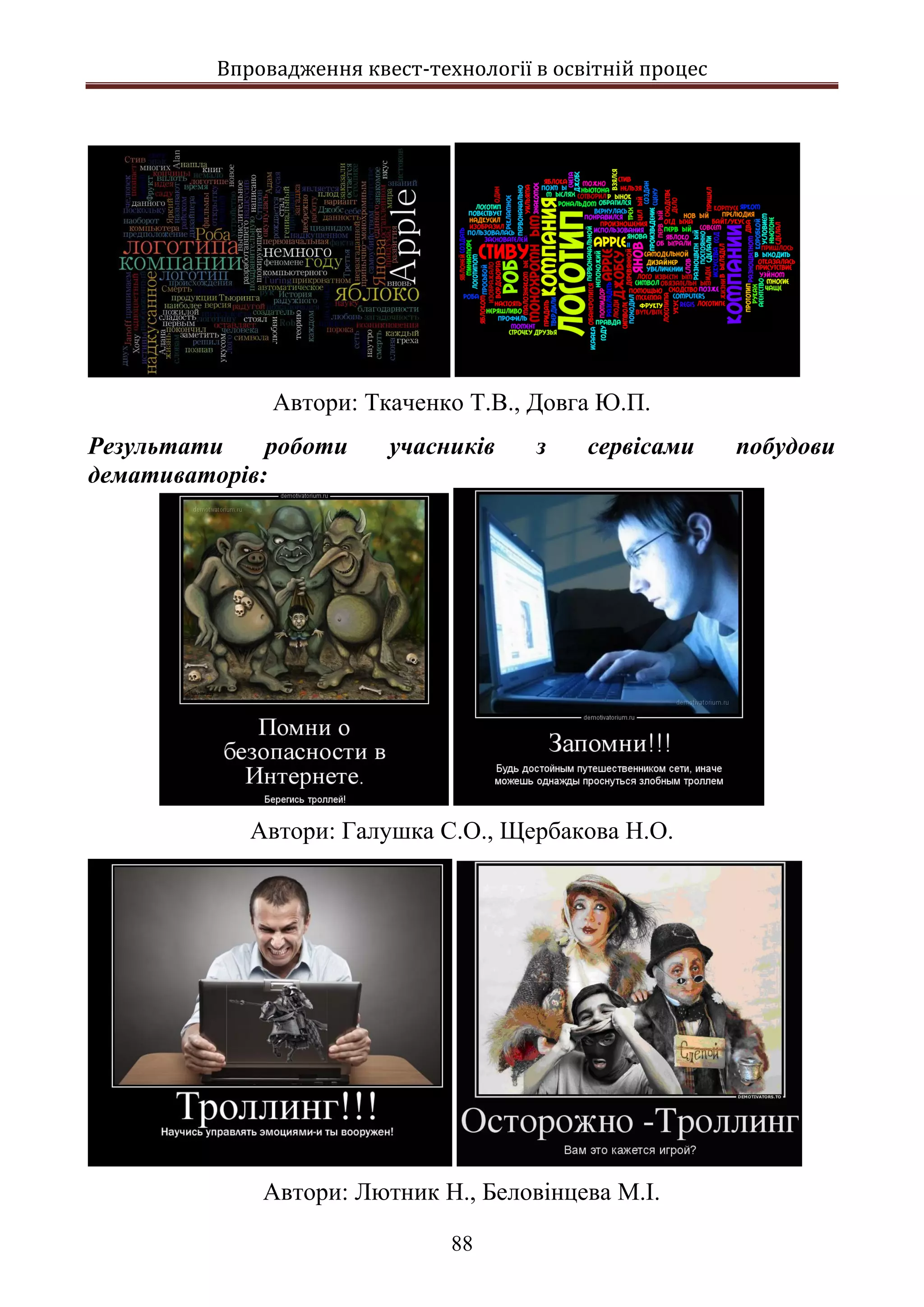 Впровадження квест-технології в освітній процес
88
Автори: Ткаченко Т.В., Довга Ю.П.
Результати роботи учасників з сервісами побудови
демативаторів:
Автори: Галушка С.О., Щербакова Н.О.
Автори: Лютник Н., Беловінцева М.І.
 