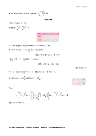 Σελίδα 24 από 24
Βαγγέλης Μουρούκος – Μπάμπης Στεργίου : ΣΥΝΟΛΟ ΤΙΜΩΝ ΚΑΙ ΕΦΑΡΜΟΓΕΣ
δ) Να υπολογιστεί το ολοκλήρωμα
f(x)
I dx
x


 


.
Υπόδειξη
Πεδίο ορισμού .  
α)
x
x
2
1
f (x) e e 0
x



   

Η f είναι γνησίως αύξουσα στο ( , 0) και (0, )  .
β) Είναι
x
lim f(x) 1

  ,
x 0
lim f(x) 1

 , οπότε:
1
f( ) ( 1, 1)   , με 1
( , 0)  

x 0
lim f(x)

  ,
x
lim f(x)

  . Άρα:
2
f( )   2
( (0, )).   
Απ. f(A) =  .
γ) Η x 0 , διότι
x 0
lim f(x)

  . Η ευθεία y 1  στο  .
δ) Θέτουμε
1
x
t
  , οπότε 2
1
dx
t
  .
Άρα:
x t
tx
2
e e e e 1
I dx dt
1x t
t


 


 
          
 
 

 
 
 





 



t
t
e e
dt I
t
Άρα 2I 0 I 0   .
 