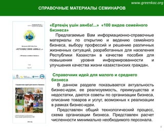 4
СПРАВОЧНЫЕ МАТЕРИАЛЫ СЕМИНАРОВ
Справочник идей для малого и среднего
бизнеса
В данном разделе показывается актуальность
бизнес-идеи, ее реализуемость, преимущества и
недостатки, даются советы по организации бизнеса,
описание товаров и услуг, возможных к реализации
в рамках бизнес-идеи.
Представлен общий технологический процесс,
схема организации бизнеса. Представлен расчет
численности минимально необходимого персонала.
«Ертеңің үшін аянба!...» «100 видов семейного
бизнеса»
Предлагаемые Вам информационно-справочные
материалы по открытию и ведению семейного
бизнеса, выбору профессий и решению различных
жизненных ситуаций, разработанных для населения
Республики Казахстан в качестве пособия для
повышения уровня информированности и
улучшения качества жизни казахстанских граждан.
www.greenkaz.org
 
