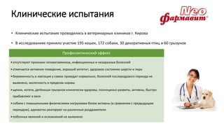 Клинические испытания
• Клинические испытания проводились в ветеринарных клиниках г. Кирова
• В исследованиях приняло участие 195 кошек, 172 собаки, 30 декоративных птиц и 60 грызунов
Профилактический эффект
•отсутствуют признаки гиповитаминоза, инфекционных и незаразных болезней
•отмечается активное поведение, хороший аппетит, здоровое состояние шерсти и пера
•беременность и лактация у самок проходит нормально, болезней послеродового периода не
выявлено, молочность в пределах нормы
•щенки, котята, детёныши грызунов клинически здоровы, полноценно развиты, активны, быстро
прибавляют в весе
•собаки с повышенными физическими нагрузками более активны (в сравнении с предыдущим
периодом), адекватно реагируют на различные раздражители
•побочных явлений и осложнений не выявлено
 