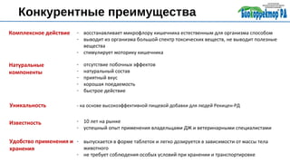 Конкурентные преимущества
Натуральные
компоненты
Комплексное действие
Удобство применения и
хранения
Известность
Уникальность
- восстанавливает микрофлору кишечника естественным для организма способом
- выводит из организма большой спектр токсических веществ, не выводит полезные
вещества
- стимулирует моторику кишечника
- отсутствие побочных эффектов
- натуральный состав
- приятный вкус
- хорошая поедаемость
- быстрое действие
- выпускается в форме таблеток и легко дозируется в зависимости от массы тела
животного
- не требует соблюдения особых условий при хранении и транспортировке
- на основе высокоэффективной пищевой добавки для людей Рекицен-РД
- 10 лет на рынке
- успешный опыт применения владельцами ДЖ и ветеринарными специалистами
 