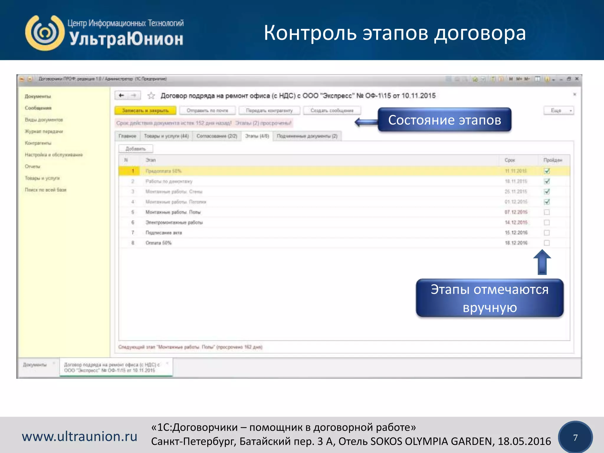 «1C:Договорчики – помощник в договорной работе»
Санкт-Петербург, Батайский пер. 3 А, Отель SOKOS OLYMPIA GARDEN, 18.05.2016 7www.ultraunion.ru
Контроль этапов договора
Состояние этапов
Этапы отмечаются
вручную
 
