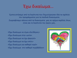 Έχω δικαίωμα…
Εμπνευστήκαμε από τα λογότυπα που δημιούργησαν όλα τα σχολεία
του προγράμματος για τα παιδικά δικαιώματα.
Ζωγραφίσαμε κάποια από τα δικαιώματα μας σε σχήμα καρδιάς όπως
είναι και το λογότυπο του έργου μας .
«Έχω δικαίωμα να είμαι ελεύθερος»
«Έχω δικαίωμα στην υγεία»
«Έχω δικαίωμα να έχω φαγητό»
«Έχω δικαίωμα να έχω σπίτι»
«Έχω δικαίωμα για καθαρό νερό»
«Έχω δικαίωμα στο καθαρό περιβάλλον»
 