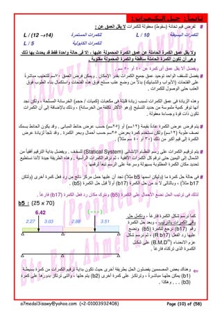 : ‫عن‬ ‫العمق‬ ‫يقل‬ ‫ال‬ ‫للكمرات‬ ‫معقولة‬ (‫)سقوط‬ ‫تخانة‬ ‫قيم‬ ‫لفرض‬ #
L / (12 →→→→14) ‫المستمرة‬ ‫للكمرات‬ L / 10 ‫البسيطة‬ ‫للكمرات‬
L / 5 ‫الكابولية‬ ‫للكمرات‬
. ‫سم‬ ٥٠ ‫أو‬ ٤٠ ‫عن‬ ‫كمرة‬ ‫أى‬ ‫عمق‬ ‫يقل‬ ‫أال‬ ‫ويفضل‬
#
#
#
#
. ‫فارغا‬ً (b17) ‫الكمرة‬ ‫فعل‬ ‫رد‬ ‫مكان‬ ‫ونترك‬ (b5) ‫الكمرة‬ ‫على‬ ‫األحمال‬ ‫نضع‬ ‫الحل‬ ‫ترتيب‬ ‫فى‬ ‫لذلك‬
b5 : (25 x 70)
( - - - )
⇐⇐⇐⇐
‫ذلك‬ ‫بھا‬ ‫يحدث‬ ‫قد‬ ‫فقط‬ ‫واحدة‬ ‫حالة‬ ‫فى‬ ‫إال‬ ، ‫عليھا‬ ‫المحمولة‬ ‫الكمرة‬ ‫عمق‬ ‫عن‬ ‫الحاملة‬ ‫الكمرة‬ ‫عمق‬ ‫يقل‬ ‫وال‬
. ‫مقلوبة‬ ‫المحمولة‬ ‫والكمرة‬ ‫ساقطة‬ ‫الحاملة‬ ‫الكمرة‬ ‫تكون‬ ‫أن‬ ‫وھى‬
2.27
‫بسمك‬ ‫الحائط‬ ‫يكون‬ ‫وقد‬ . ‫المبانى‬ ‫حائط‬ ‫عرض‬ ‫حسب‬ (‫)٥٢سم‬ ‫أو‬ (‫)٢١سم‬ ‫بقيمة‬ ‫عادة‬ ‫الكمرة‬ ‫عرض‬ ‫فرض‬ ‫يتم‬ً
‫عرض‬ ‫لزيادة‬ ‫نلجأ‬ ‫وقد‬ . ‫الكمرة‬ ‫وبحر‬ ‫أحمال‬ ‫حسب‬ ‫٥٢سم‬ ‫بعرض‬ ‫كمرة‬ ‫نستخدم‬ ‫ولكن‬ (‫)٢١سم‬ ‫طوبة‬ ‫نصف‬
. (‫مثال‬ ‫سم‬ً ٤٠ ‫أو‬ ٣٠) ‫ذلك‬ ‫من‬ ‫أكبر‬ ‫قيم‬ ‫إلى‬ ‫الكمرة‬
: ‫الــكــمـرات‬ ‫حــل‬ : ‫ثـانـيـا‬ً
‫مباشرة‬ ‫للتعتيب‬ ‫سم‬ً ٧٠ ‫العمق‬ ‫فرض‬ ‫ويمكن‬ . ‫اإلمكان‬ ‫بقدر‬ ‫الكمرات‬ ‫جميع‬ ‫عمق‬ ‫توحيد‬ ‫الواحد‬ ‫للسقف‬ ‫يفضل‬
‫فوق‬ ‫الطوب‬ ‫بناء‬ ‫واستكمال‬ ‫الفتحات‬ ‫ھذه‬ ‫فوق‬ ‫مسلح‬ ‫عتب‬ ‫وضع‬ ‫من‬ ‫بدال‬ُ (‫والشبابيك‬ ‫)األبواب‬ ‫الفتحات‬ ‫على‬
. ‫للكمرات‬ ‫الوصول‬ ‫حتى‬ ‫العتب‬
‫نجد‬ ‫ولكن‬ ، ‫المسلحة‬ ‫الخرسانة‬ (‫حجم‬ / ‫)كميات‬ ‫مكعبات‬ ‫فى‬ ‫قليلة‬ ‫زيادة‬ ‫تسبب‬ ‫الكمرات‬ ‫عمق‬ ‫فى‬ ‫الزيادة‬ ‫وھذه‬
‫الكمرات‬ ‫أن‬ ‫إلى‬ ‫باإلضافة‬ ‫وذلك‬ ، (‫الخرسانة‬ ‫من‬ ‫تكلفة‬ ‫األكثر‬ ‫)وھو‬ ‫التسليح‬ ‫حديد‬ ‫من‬ ‫ملموسة‬ ‫كمية‬ ‫توفر‬ ‫أنھا‬
. ‫معقولة‬ ‫وجساءة‬ ‫قوة‬ ‫ذات‬ ‫تكون‬
‫من‬ ‫أفقيا‬ ‫الترقيم‬ ‫بداية‬ ‫ويفضل‬ً . ‫للسقـف‬ (Statical System) ‫اإلنشائى‬ ‫النظـام‬ ‫رسم‬ ‫على‬ ‫الكمرات‬ ‫ترقيـم‬ ‫يتم‬
‫نستطيع‬ ‫ألننا‬ ‫جيدة‬ ‫الطريقة‬ ‫وھذه‬ . ‫الرأسية‬ ‫الكمرات‬ ‫نرقم‬ ‫ثم‬ ، ‫األفقية‬ ‫الكمرات‬ ‫كل‬ ‫نرقم‬ ‫حتى‬ ‫اليمين‬ ‫إلى‬ ‫الشمال‬
. ‫لرقمھا‬ ‫تبعا‬ ‫الرسم‬ ‫على‬ ‫وسرعة‬ ‫بسھولة‬ ‫المطلوبة‬ ‫الكمرة‬ ‫مكان‬ ‫تحديد‬ً
‫)ولتكن‬ ‫أخرى‬ ‫كمرة‬ ‫فعل‬ ‫رد‬ ‫من‬ ‫ناتج‬ ‫مركز‬ ‫حمل‬ ‫عليھا‬ ‫أن‬ ‫نجد‬ (‫مثال‬ً b5 ‫اسمھا‬ ‫)وليكن‬ ‫ما‬ ‫كمرة‬ ‫حل‬ ‫حالة‬ ‫فى‬
. (b5) ‫الكمرة‬ ‫حل‬ ‫قبل‬ ‫أوال‬ً (b17) ‫الكمرة‬ ‫حل‬ ‫من‬ ‫بد‬ ‫ال‬ ‫وبالتالى‬ ، (‫مثال‬ً b17
6.42
‫بسيطـة‬ ‫كمرة‬ ‫من‬ ‫الكمرات‬ ‫ترقيم‬ ‫بداية‬ ‫تكون‬ ‫حيث‬ ‫أخرى‬ ‫بطريقة‬ ‫الحل‬ ‫يفضلون‬ ‫المصممين‬ ‫بعض‬ ‫وھناك‬
‫كمرة‬ ‫على‬ ‫بدورھا‬ ‫ترتكز‬ ‫والتى‬ ، ‫حلھا‬ ‫يتم‬ (b2) ‫أخرى‬ ‫كمرة‬ ‫على‬ ‫وترتكـز‬ ، ‫مباشـرة‬ ‫حلھـا‬ ‫يمكن‬ً (b1)
. ‫وھكذا‬ . . . (b3)
‫حل‬ ‫ونكمل‬ ، ‫فارغا‬ ‫الكمرة‬ ‫شكل‬ ‫نرسم‬ ‫كما‬ً
‫الكمرة‬ ‫حل‬ ‫وبعد‬ ، ‫بالترتيب‬ ‫الكمرات‬ ‫باقى‬
‫ونضع‬ (b5) ‫للكمرة‬ ‫نرجع‬ (b17) ‫رقم‬
‫شكل‬ ‫نرسم‬ ‫ثم‬ ، (R b17) ‫الفعل‬ ‫رد‬ ‫عليھا‬
‫شكـل‬ ‫على‬ (B.M.Dm
) ‫االنحنـاء‬ ‫عزم‬
. ‫فارغا‬ ‫تركناه‬ ‫الذى‬ ‫الكمـرة‬ً
3.03 2.88 3.51
a7medal3isawy@yahoo.com (+2-01003932408) Page (10) of (58)
 