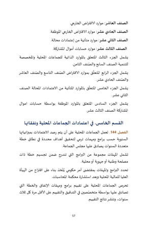 57
‫العاش‬ ‫الصنف‬‫ر‬.‫جي‬‫ر‬‫الخا‬ ‫اض‬‫ر‬‫الاقت‬ ‫د‬‫ر‬‫موا‬ :
‫عشر‬ ‫الحادي‬ ‫الصنف‬.‫املوظفة‬ ‫جي‬‫ر‬‫الخا‬ ‫اض‬‫ر‬‫الاقت‬ ‫د‬‫ر‬‫موا‬ :
‫عشر‬ ‫الثاني‬ ‫الصنف‬.‫محالة‬ ‫إعتمادات‬ ‫من‬ ‫متأتية‬ ‫د‬‫ر‬‫موا‬ :
‫عشر‬ ‫الثالث‬ ‫الصنف‬.‫املشاركة‬ ‫أموال‬ ‫حسابات‬ ‫د‬‫ر‬‫موا‬ :
‫واملخصصة‬ ‫املحلية‬ ‫للجماعات‬ ‫الذاتية‬ ‫د‬‫ر‬‫باملوا‬ ‫املتعلق‬ ‫الثالث‬ ‫الجزء‬ ‫يشمل‬
‫الصن‬ ‫للتنمية‬.‫الثامن‬ ‫نف‬ّ‫والص‬ ‫السابع‬ ‫ف‬
‫العاشر‬ ‫نف‬ّ‫والص‬ ‫التاسع‬ ‫نف‬ّ‫الص‬ ‫اض‬‫ر‬‫الاقت‬ ‫د‬‫ر‬‫بموا‬ ‫ق‬
ّ
‫املتعل‬ ‫ابع‬‫ر‬‫ال‬ ‫الجزء‬ ‫يشمل‬
.‫عشر‬ ‫الحادي‬ ‫نف‬ّ‫والص‬
‫الصنف‬ ‫املحالة‬ ‫الاعتمادات‬ ‫من‬ ‫املتأتية‬ ‫د‬‫ر‬‫ـاملوا‬‫ب‬ ‫ق‬
ّ
‫املتعل‬ ‫الخامس‬ ‫الجزء‬ ‫يشمل‬
.‫عشر‬ ‫الثاني‬
‫بواس‬ ‫املوظفة‬ ‫د‬‫ر‬‫باملوا‬ ‫املتعلق‬ ‫السادس‬ ‫الجزء‬ ‫يشمل‬‫اموال‬ ‫حسابات‬ ‫طة‬
.‫عشر‬ ‫الثالث‬ ‫الصنف‬ ‫املشاركة‬
‫القسم‬‫الخامس‬.‫ونفقاتها‬ ‫املحلية‬ ‫الجماعات‬ ‫اعتمادات‬ ‫في‬
‫الفصل‬044.‫انياتها‬‫ز‬‫بمي‬ ‫الاعتمادات‬ ‫صد‬‫ر‬ ‫يتم‬ ‫أن‬ ‫على‬ ‫املحلية‬ ‫الجماعات‬ ‫تعمل‬
‫خطة‬ ‫نطاق‬ ‫في‬ ‫محددة‬ ‫أهداف‬ ‫لتحقيق‬ ‫ترمي‬ ‫ومهمات‬ ‫امج‬‫ر‬‫ب‬ ‫حسب‬ ‫السنوية‬
‫م‬ ‫عليها‬ ‫يصادق‬ ‫السنوات‬ ‫متعددة‬‫الجماعة‬ ‫جلس‬.
‫ذات‬ ‫خطة‬ ‫تجسيم‬ ‫ضمن‬ ‫تندرج‬ ‫التي‬ ‫امج‬‫ر‬‫الب‬ ‫من‬ ‫مجموعة‬ ‫ات‬ ّ‫املهم‬ ‫تشمل‬
‫محلية‬‫أو‬ ‫جهوية‬‫أو‬ ‫وطنية‬ ‫مصلحة‬.
‫الهيأة‬ ‫من‬ ‫اح‬‫ر‬‫اقت‬ ‫على‬ ‫بناء‬ ‫خذ‬ّ‫ت‬ُ‫ي‬ ‫حكومي‬ ‫أمر‬ ‫ى‬ ‫بمقتض‬ ‫ات‬ ّ‫واملهم‬ ‫امج‬‫ر‬‫الب‬ ‫تحدد‬
‫املحاسبات‬ ‫محكمة‬ ‫ة‬‫ر‬‫استشا‬ ‫وبعد‬ ‫املحلية‬ ‫للمالية‬ ‫العليا‬.
‫عل‬ ‫املحلية‬ ‫الجماعات‬ ‫تحرص‬‫التي‬ ‫والخطة‬ ‫إلانفاق‬ ‫ات‬ ّ‫ومهم‬ ‫امج‬‫ر‬‫ب‬ ‫تقييم‬ ‫ى‬
‫ثالث‬ ‫كل‬ ‫مرة‬ ‫ألاقل‬ ‫على‬ ‫والتقييم‬ ‫التدقيق‬ ‫في‬ ‫صين‬ّ‫متخص‬ ‫بواسطة‬ ‫عليها‬ ‫تصادق‬
‫التقييم‬ ‫نتائج‬‫وتنشر‬ ،‫سنوات‬.
 