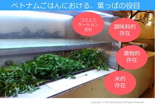 ベトナムごはんにおける、葉っぱの役目
Copyright © 2016 WadaAzumi All Rights Reserved.
米的
存在
漬物的
存在
調味料的
存在
コミュニ
ケーション
生む
 