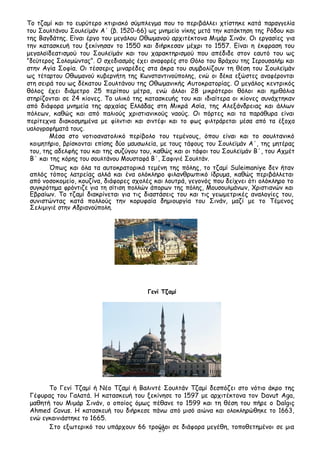 29
Το τζαμί και το ευρύτερο κτιριακό σύμπλεγμα που το περιβάλλει χτίστηκε κατά παραγγελία
του Σουλτάνου Σουλεϊμάν Α΄ (β. 1520-66) ως μνημείο νίκης μετά την κατάκτηση της Ρόδου και
της Βαγδάτης. Είναι έργο του μεγάλου Οθωμανού αρχιτέκτονα Μιμάρ Σινάν. Οι εργασίες για
την κατασκευή του ξεκίνησαν το 1550 και διήρκεσαν μέχρι το 1557. Είναι η έκφραση του
μεγαλοϊδεατισμού του Σουλεϊμάν και του χαρακτηρισμού που απέδιδε στον εαυτό του ως
"δεύτερος Σολομώντας". Ο σχεδιασμός έχει αναφορές στο Θόλο του Βράχου της Ιερουσαλήμ και
στην Αγία Σοφία. Οι τέσσερις μιναρέδες στα άκρα του συμβολίζουν τη θέση του Σουλεϊμάν
ως τέταρτου Οθωμανού κυβερνήτη της Κωνσταντινούπολης, ενώ οι δέκα εξώστες αναφέρονται
στη σειρά του ως δέκατου Σουλτάνου της Οθωμανικής Αυτοκρατορίας. Ο μεγάλος κεντρικός
θόλος έχει διάμετρο 25 περίπου μέτρα, ενώ άλλοι 28 μικρότεροι θόλοι και ημιθόλια
στηρίζονται σε 24 κίονες. Το υλικό της κατασκευής του και ιδιαίτερα οι κίονες συνάχτηκαν
από διάφορα μνημεία της αρχαίας Ελλάδας στη Μικρά Ασία, της Αλεξάνδρειας και άλλων
πόλεων, καθώς και από παλιούς χριστιανικούς ναούς. Οι πόρτες και τα παράθυρα είναι
περίτεχνα διακοσμημένα με φίλντισι και σιντέφι και το φως φιλτράρεται μέσα από τα έξοχα
υαλογραφήματά τους.
Μέσα στο νοτιοανατολικό περίβολο του τεμένους, όπου είναι και το σουλτανικό
κοιμητήριο, βρίσκονται επίσης δύο μαυσωλεία, με τους τάφους του Σουλεϊμάν Α΄, της μητέρας
του, της αδελφής του και της συζύγου του, καθώς και οι τάφοι του Σουλεϊμάν Β΄, του Αχμέτ
Β΄ και της κόρης του σουλτάνου Μουσταφά Β΄, Σαφιγιέ Σουλτάν.
Όπως και όλα τα αυτοκρατορικά τεμένη της πόλης, το τζαμί Suleimaniye δεν ήταν
απλός τόπος λατρείας αλλά και ένα ολόκληρο φιλανθρωπικό ίδρυμα, καθώς περιβάλλεται
από νοσοκομείο, κουζίνα, διάφορες σχολές και λουτρά, γεγονός που δείχνει ότι ολόκληρο το
συγκρότημα φρόντιζε για τη σίτιση πολλών άπορων της πόλης, Μουσουλμάνων, Χριστιανών και
Εβραίων. Το τζαμί διακρίνεται για τις διαστάσεις του και τις γεωμετρικές αναλογίες του,
συνιστώντας κατά πολλούς την κορυφαία δημιουργία του Σινάν, μαζί με το Τέμενος
Σελιμιγιέ στην Αδριανούπολη.
Γενί Τζαμί
Το Γενί Τζαμί ή Νέο Τζαμί ή Βαλιντέ Σουλτάν Τζαμί δεσπόζει στο νότιο άκρο της
Γέφυρας του Γαλατά. Η κατασκευή του ξεκίνησε το 1597 με αρχιτέκτονα τον Davut Aga,
μαθητή του Μιμάρ Σινάν, ο οποίος όμως πέθανε το 1599 και τη θέση του πήρε ο Dalgıç
Ahmed Cavus. Η κατασκευή του διήρκεσε πάνω από μισό αιώνα και ολοκληρώθηκε το 1663,
ενώ εγκαινιάστηκε το 1665.
Στο εξωτερικό του υπάρχουν 66 τρούλοι σε διάφορα μεγέθη, τοποθετημένοι σε μια
 