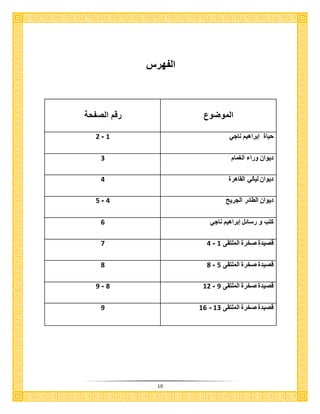 10
‫الفهرس‬
‫الموضوع‬‫الصفحة‬ ‫رقم‬
‫ناجي‬ ‫إبراهيم‬ ‫حيا‬3-9
‫الغمام‬ ‫ورا‬ ‫ديوان‬1
‫القاهر‬ ‫ليالي‬ ‫ديوان‬1
‫الجريح‬ ‫الكائر‬ ‫ديوان‬1-9
‫ناجي‬ ‫إبراهيم‬ ‫رسائل‬ ‫و‬ ‫كتب‬9
‫الملتقى‬ ‫صخر‬ ‫قصيد‬3-11
‫الملتقى‬ ‫صخر‬ ‫قصيد‬9-11
‫الملتقى‬ ‫صخر‬ ‫قصيد‬8-391-8
‫الملتقى‬ ‫صخر‬ ‫قصيد‬31-398
 