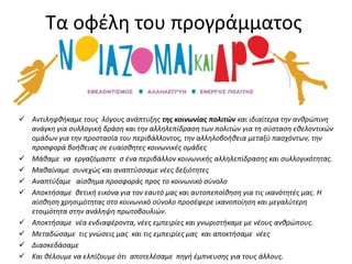 Ψα οφζλθ του προγράμματοσ
 Αντιλθφκικαμε τουσ λόγουσ ανάπτυξθσ τθσ κοινωνίασ πολιτών και ιδιαίτερα τθν ανκρϊπινθ
ανάγκθ για ςυλλογικι δράςθ και τθν αλλθλεπίδραςθ των πολιτϊν για τθ ςφςταςθ εκελοντικϊν
ομάδων για τθν προςταςία του περιβάλλοντοσ, τθν αλλθλοβοικεια μεταξφ παςχόντων, τθν
προςφορά βοικειασ ςε ευαίςκθτεσ κοινωνικζσ ομάδεσ
 Μάκαμε να εργαηόμαςτε ς ζνα περιβάλλον κοινωνικισ αλλθλεπίδραςθσ και ςυλλογικότθτασ.
 Μακαίναμε ςυνεχϊσ και αναπτφςςαμε νζεσ δεξιότθτεσ
 Αναπτφξαμε αίςκθμα προςφοράσ προσ το κοινωνικό ςφνολο
 Αποκτιςαμε κετικι εικόνα για τον εαυτό μασ και αυτοπεποίκθςθ για τισ ικανότθτζσ μασ. Η
αίςκθςθ χρθςιμότθτασ ςτο κοινωνικό ςφνολο προςζφερε ικανοποίθςθ και μεγαλφτερθ
ετοιμότθτα ςτθν ανάλθψθ πρωτοβουλιϊν.
 Αποκτιςαμε νζα ενδιαφζροντα, νζεσ εμπειρίεσ και γνωριςτικαμε με νζουσ ανκρϊπουσ.
 Μεταδϊςαμε τισ γνϊςεισ μασ και τισ εμπειρίεσ μασ και αποκτιςαμε νζεσ
 Διαςκεδάςαμε
 Και κζλουμε να ελπίηουμε ότι αποτελζςαμε πθγι ζμπνευςθσ για τουσ άλλουσ.
 