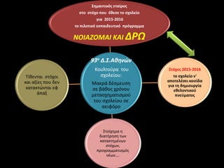 93ο Δ.΢.Ακθνών
Ξουλτοφρα του
ςχολείου:
Πακρά δζςμευςθ
ςε βάκοσ χρόνου
μεταςχθματιςμοφ
του ςχολείου ςε
αειφόρο
΢θμαντικόσ εταίροσ
ςτο ςτόχο που ζκεςε το ςχολείο
για 2015-2016
το πιλοτικό εκπαιδευτικό πρόγραμμα
ΝΟΙΑΗΟΜΑΙ ΚΑΙ ΔΡΩ
΢τόχοσ 2015-2016
το ςχολείο ν'
αποτελζςει κοιτίδα
για τθ δθμιουργία
εκελοντικοφ
πνεφματοσ
Χτοίχθμα θ
διατιρθςθ των
κατακτθμζνων
ςτόχων,
προγραμματιςμόσ
νζων….
Ψίκενται ςτόχοι
και αξίεσ που δεν
κατακτϊνται εφ
άπαξ
 