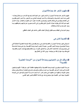 6
‫جماعةالديوان‬ ‫عند‬ ‫الشعر‬ ‫مفهوم‬
‫ةةل‬‫ة‬‫وجدان‬ ‫ةةالل‬‫ة‬‫خ‬ ‫ةةن‬‫ة‬‫م‬ ‫ةةاعر‬‫ة‬‫الش‬ ‫ةةها‬‫ة‬‫يحس‬ ‫ةةا‬‫ة‬‫كم‬ ‫ةةاة‬‫ة‬‫الحي‬ ‫ةةن‬‫ة‬‫ع‬ ‫ةةر‬‫ة‬‫تعبي‬ ‫ةةعر‬‫ة‬‫الش‬ ‫أن‬ ‫ةةديوان‬‫ة‬‫ال‬ ‫ةةة‬‫ة‬‫جماع‬ ‫ةةد‬‫ة‬‫عن‬ ‫ةةعر‬‫ة‬‫الش‬ ‫ةةوم‬‫ة‬‫مفه‬
‫ةةبات‬‫ة‬‫المناس‬ ‫ةةعر‬‫ة‬‫ش‬ ‫ةةل‬‫ة‬‫من‬ ‫فلةةيس‬‫ةةرون‬‫ة‬‫ينظ‬ ‫ةةالين‬‫ة‬‫ال‬ ‫ةةعر‬‫ة‬‫ش‬ ‫ون‬ ‫ةةعورم‬‫ة‬‫الش‬ ‫ةةن‬‫ة‬‫م‬ ‫ةةالي‬‫ة‬‫الخ‬ ‫ةةف‬‫ة‬‫الوص‬ ‫ةةعر‬‫ة‬‫ش‬ ‫ون‬ ‫ةةامالتم‬‫ة‬‫والمج‬
‫الشةةةعر‬ ‫بينمةةةا‬ ‫وانبتكةةةارم‬ ‫التجديةةةد‬ ‫ةةن‬‫ة‬‫ع‬ ‫ا‬ ‫عجةةة‬ ‫القةةةدماء‬ ‫ويعارضةةةون‬ ‫القةةةديمم‬ ‫ةةالل‬‫ة‬‫ظ‬ ‫فةةةي‬ ‫ويعيشةةةون‬ ‫الخلةةةف‬ ‫ةةي‬‫ة‬‫إل‬
‫ةةا‬‫ة‬‫وم‬ ‫وعةةواطفهمم‬ ‫الواتهةةم‬ ‫عةةن‬ ‫معبةةرين‬ ‫ةةام‬‫ة‬‫اقم‬ ‫إلةةي‬ ‫ينظةةرون‬ ‫الةةالين‬ ‫الشةةبان‬ ‫ةةعنء‬‫ة‬‫ه‬ ‫يقولةةل‬ ‫الةةالي‬ ‫اللةة‬ ‫هةةو‬ ‫الجيةةد‬
‫عصره‬ ‫يسود‬‫ومشكالت‬ ‫أحداث‬ ‫من‬ ‫م‬.
‫طغيان‬ ‫بسب‬ ‫الجفاف‬ ‫إلي‬ ‫شعرهم‬ ‫ويميل‬(‫يادة‬)‫العاطفي‬ ‫الجان‬ ‫علي‬ ‫عندهم‬ ‫الفكري‬ ‫الجان‬.
‫حي‬ ‫كائن‬ ‫القصيدة‬
‫ةةي‬‫ة‬‫ف‬ ‫ةةة‬‫ة‬‫ل‬ ‫المتم‬ ‫العضةةوية‬ ‫ةةدة‬‫ة‬‫الوح‬ ‫بةةالل‬ ‫ةةدون‬‫ة‬‫يقص‬ ‫وهةةم‬ ‫ةةيم‬‫ة‬‫ح‬ ‫كةةائن‬ ‫ةةيدة‬‫ة‬‫القص‬ ‫أن‬ ‫الةةديوان‬ ‫ةةة‬‫ة‬‫جماع‬ ‫تعبيةةر‬ ‫ةةي‬‫ة‬‫ف‬ ‫شةةاع‬
‫ةةةكة‬‫ة‬‫متماس‬ ‫وحةةةدة‬ ‫هةةةي‬ ‫بةةةل‬ ‫ةةةيدةم‬‫ة‬‫القص‬ ‫وحةةةدة‬ ‫البيةةةت‬ ‫يكةةةون‬ ‫ن‬ ‫بحيةةةث‬ ‫ةةةي‬‫ة‬‫النفس‬ ‫الجةةةو‬ ‫ووحةةةدة‬ ‫الموضةةةوعم‬ ‫وحةةةدة‬
‫ةةأتلف‬‫ة‬‫ت‬ ‫بةةةل‬ ‫اءم‬ ‫ةة‬‫ة‬‫اقج‬ ‫ةةافي‬‫ة‬‫تتن‬ ‫ون‬ ‫اقغةةةراضم‬ ‫ةةدد‬‫ة‬‫تتع‬ ‫ةةال‬‫ة‬‫ف‬ ‫واحةةةدم‬ ‫ةةوع‬‫ة‬‫موض‬ ‫ةةي‬‫ة‬‫ف‬(‫ةة‬‫ة‬‫تتجم‬)‫ةةوان‬‫ة‬‫عن‬ ‫تحةةةت‬‫للقصةةةيدةم‬
‫بها‬ ‫انخالل‬ ‫إلي‬ ‫الل‬ ‫يعدي‬ ‫موضعل‬ ‫من‬ ‫نقلل‬ ‫أو‬ ‫منها‬ ‫بيت‬ ‫حالف‬ ‫فم‬.
‫من‬ ‫الديوان‬ ‫وجماعة‬ ‫اإلحيائيين‬ ‫من‬ ‫كل‬ ‫موقف‬"‫العضوية‬ ‫الوحدة‬
‫للقصيدة‬"
‫يتةةةةابعون‬ ‫قنهةةةةم‬ ‫ةةةة‬‫ة‬‫مترابط‬ ‫غيةةةةر‬ ‫ةةةة‬‫ة‬‫مفكك‬ ‫يجعلهةةةةا‬ ‫ةةة‬‫ة‬‫والل‬ ‫القصةةةةيدةم‬ ‫ةةةدة‬‫ة‬‫وح‬ ‫البيةةةةت‬ ‫ةةةرون‬‫ة‬‫يعتب‬ ‫اإلحيةةةةاء‬ ‫ةةةة‬‫ة‬‫مدرس‬
‫ةةةيدة‬‫ة‬‫القص‬ ‫أغةةةراض‬ ‫ةةةدد‬‫ة‬‫تع‬ ‫فةةةي‬ ‫القةةةدماء‬‫ةةةالف‬‫ة‬‫ح‬ ‫يمكةةةن‬ ‫ةةةالل‬‫ة‬‫ول‬ ‫والحكمةةةةم‬ ‫ةةةدح‬‫ة‬‫والم‬ ‫والوصةةةف‬ ‫ل‬ ‫بةةةالغ‬ ‫ةةةدء‬‫ة‬‫الب‬ ‫مةةةن‬
‫ةةةدة‬‫ة‬‫الوح‬ ‫إلةةةي‬ ‫فيةةةدعون‬ ‫الةةةديوان‬ ‫مدرسةةةة‬ ‫ةةةعراء‬‫ة‬‫ش‬ ‫أمةةةا‬ ‫هخةةةرم‬ ‫مكةةةان‬ ‫إلةةةي‬ ‫ةةةا‬‫ة‬‫مكانه‬ ‫مةةةن‬ ‫نقلهةةةا‬ ‫أو‬ ‫اقبيةةةات‬ ‫بعةةةض‬
‫النفسي‬ ‫للجو‬ ‫والصور‬ ‫اقلفاظ‬ ‫مالءمة‬ ‫م‬ ‫واحد‬ ‫موضوع‬ ‫حول‬ ‫القصيدة‬ ‫تدور‬ ‫بحيث‬ ‫العضويةم‬.
 