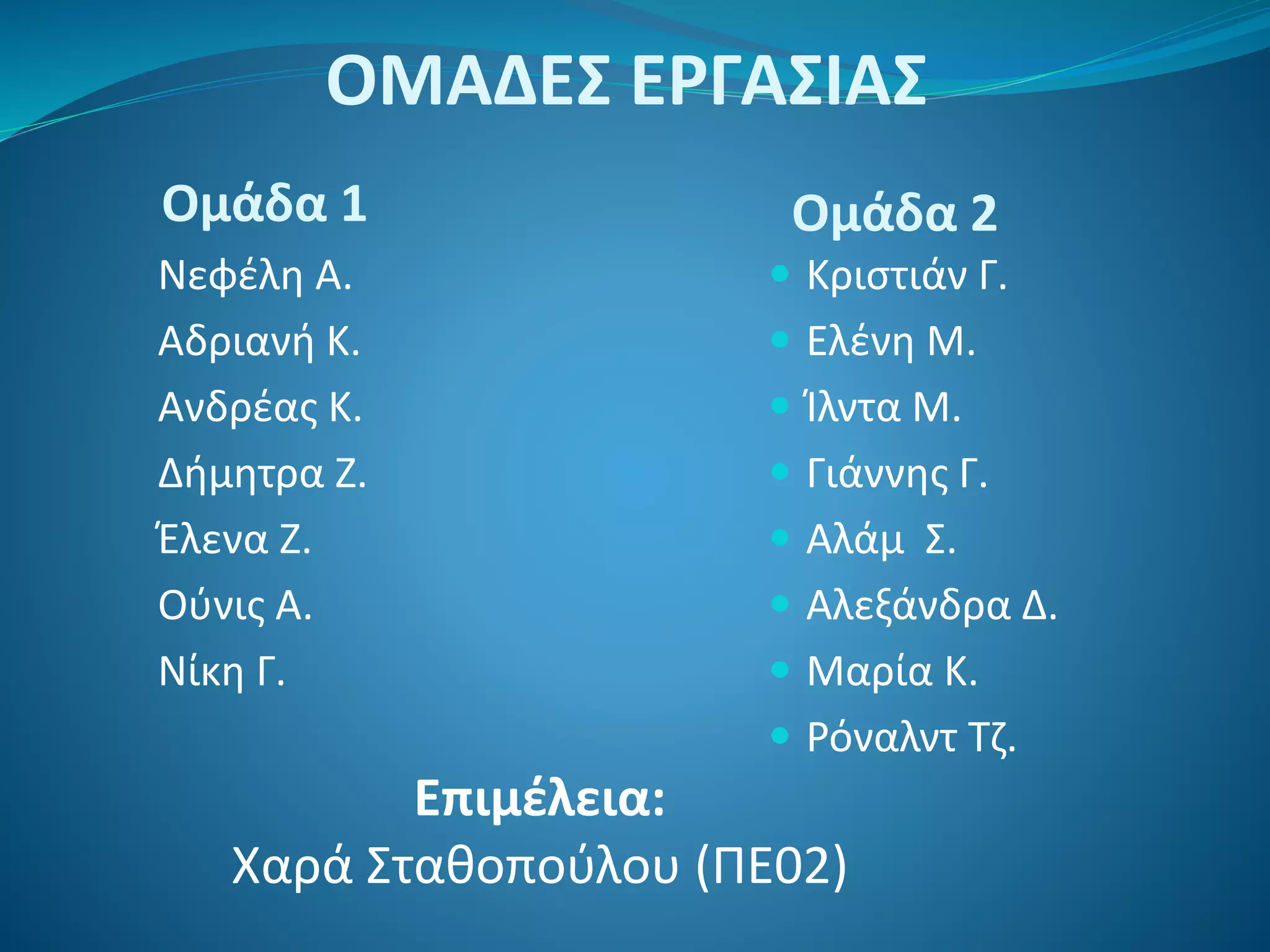ΟΜΑΔΕΣ ΕΡΓΑΣΙΑΣ
Ομάδα 1 Ομάδα 2
Νεφέλη Α.
Αδριανή Κ.
Ανδρέας Κ.
Δήμητρα Ζ.
Έλενα Ζ.
Ούνις Α.
Νίκη Γ.
 Κριστιάν Γ.
 Ελένη Μ.
 Ίλντα Μ.
 Γιάννης Γ.
 Αλάμ Σ.
 Αλεξάνδρα Δ.
 Μαρία Κ.
 Ρόναλντ Τζ.
Επιμέλεια:
Χαρά Σταθοπούλου (ΠΕ02)
 