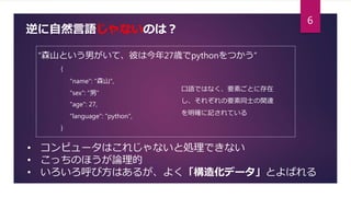 逆に自然言語じゃないのは？
• コンピュータはこれじゃないと処理できない
• こっちのほうが論理的
• いろいろ呼び方はあるが、よく「構造化データ」とよばれる
{
"name": "森山",
"sex": "男”
"age": 27,
"language": "python",
}
口語ではなく、要素ごとに存在
し、それぞれの要素同士の関連
を明確に記されている
“森山という男がいて、彼は今年27歳でpythonをつかう”
6
 