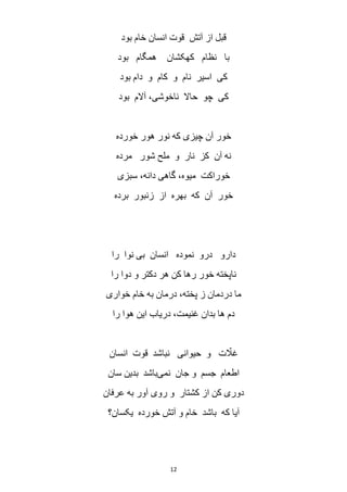 12
‫ق‬‫بود‬ ‫خام‬ ‫انسان‬ ‫قوت‬ ‫آتش‬ ‫از‬ ‫بل‬
‫بود‬ ‫همگام‬ ‫کهکشان‬ ‫نظام‬ ‫با‬
‫بود‬ ‫دام‬ ‫و‬ ‫کام‬ ‫و‬ ‫نام‬ ‫اسیر‬ ‫کی‬
‫بود‬ ‫آالم‬ ،‫ناخوشی‬ ‫حاال‬ ‫چو‬ ‫کی‬
‫خورده‬ ‫هور‬ ‫نور‬ ‫که‬ ‫چیزی‬ ‫آن‬ ‫خور‬
‫مرده‬ ‫شور‬ ‫ملح‬ ‫و‬ ‫نار‬ ‫کز‬ ‫آن‬ ‫نه‬
‫سبزی‬ ،‫دانه‬ ‫گاهی‬ ،‫میوه‬ ‫خوراکت‬
‫برد‬ ‫زنبور‬ ‫از‬ ‫بهره‬ ‫که‬ ‫آن‬ ‫خور‬‫ه‬
‫را‬ ‫نوا‬ ‫بی‬ ‫انسان‬ ‫نموده‬ ‫درو‬ ‫دارو‬
‫را‬ ‫دوا‬ ‫و‬ ‫دکتر‬ ‫هر‬ ‫کن‬ ‫رها‬ ‫خور‬ ‫ناپخته‬
‫خواری‬ ‫خام‬ ‫به‬ ‫درمان‬ ،‫پخته‬ ‫ز‬ ‫دردمان‬ ‫ما‬
‫را‬ ‫هوا‬ ‫این‬ ‫دریاب‬ ،‫غنیمت‬ ‫بدان‬ ‫ها‬ ‫دم‬
‫انسان‬ ‫قوت‬ ‫نباشد‬ ‫حیوانی‬ ‫و‬ ‫ت‬ ّ‫غال‬
‫اطعام‬‫جسم‬‫نمی‬ ‫جان‬ ‫و‬‫باشد‬‫سان‬ ‫بدین‬
‫عر‬ ‫به‬ ‫آور‬ ‫روی‬ ‫و‬ ‫کشتار‬ ‫از‬ ‫کن‬ ‫دوری‬‫فان‬
‫که‬ ‫آیا‬‫خورده‬ ‫آتش‬ ‫و‬ ‫خام‬ ‫باشد‬‫یکسان؟‬
 