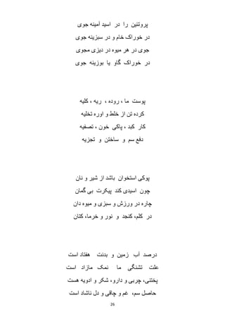 26
‫جوی‬ ‫آمینه‬ ‫اسید‬ ‫در‬ ‫را‬ ‫پروتئین‬
‫جوی‬ ‫سبزینه‬ ‫در‬ ‫و‬ ‫خام‬ ‫خوراک‬ ‫در‬
‫دیز‬ ‫در‬ ‫میوه‬ ‫هر‬ ‫در‬ ‫جوی‬‫مجوی‬ ‫ی‬
‫جوی‬ ‫بوزینه‬ ‫یا‬ ‫گاو‬ ‫خوراک‬ ‫در‬
‫کلیه‬ ، ‫ریه‬ ، ‫روده‬ ، ‫ما‬ ‫پوست‬
‫تخلیه‬ ‫اوره‬ ‫و‬ ‫خلط‬ ‫از‬ ‫تن‬ ‫کرده‬
‫تصفیه‬ ، ‫خون‬ ‫پاکی‬ ، ‫کبد‬ ‫کار‬
‫تجزیه‬ ‫و‬ ‫ساختن‬ ‫و‬ ‫سم‬ ‫دفع‬
‫نان‬ ‫و‬ ‫شیر‬ ‫از‬ ‫باشد‬ ‫استخوان‬ ‫پوکی‬
‫گمان‬ ‫بی‬ ‫پیکرت‬ ‫کند‬ ‫اسیدی‬ ‫چون‬
‫دان‬ ‫میوه‬ ‫و‬ ‫سبزی‬ ‫و‬ ‫ورزش‬ ‫در‬ ‫چاره‬
‫ک‬ ‫در‬‫کتان‬ ،‫خرما‬ ‫و‬ ‫نور‬ ‫و‬ ‫کنجد‬ ،‫لم‬
‫است‬ ‫هفتاد‬ ‫بدنت‬ ‫و‬ ‫زمین‬ ‫آب‬ ‫درصد‬
‫است‬ ‫مازاد‬ ‫نمک‬ ‫ما‬ ‫تشنگی‬ ‫علت‬
‫هست‬ ‫ادویه‬ ‫و‬ ‫شکر‬ ،‫دارو‬ ‫و‬ ‫چربی‬ ،‫پختنی‬
‫است‬ ‫ناشاد‬ ‫دل‬ ‫و‬ ‫چاقی‬ ‫و‬ ‫غم‬ ،‫سم‬ ‫حاصل‬
 