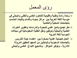 ‫المعمل‬ ‫رؤى‬
‫في‬ ‫والبحثي‬ ‫والتقني‬ ‫العلمي‬ ‫للتعاون‬ ‫واقليمية‬ ‫وطنية‬ ‫رائدة‬ ‫وحدة‬
‫الحاسب‬ ‫وكليات‬ ‫واقسام‬ ‫بحوث‬ ‫مراكز‬ ‫بين‬ ‫العربية‬ ‫اللغة‬ ‫حوسبة‬
‫والعالمية‬ ‫المحلية‬ ‫بالجامعات‬
‫الخبرات‬ ‫وتطوير‬ ‫والدراسات‬ ‫للبحوث‬ ‫علمي‬ ‫وتميز‬ ‫تجمع‬ ‫مقر‬
‫مجاالت‬ ‫في‬ ‫المعلوماتية‬ ‫التقنية‬ ‫ونقل‬ ‫وتوطين‬ ‫والبحثية‬ ‫العلمية‬
‫العربية‬ ‫للغة‬ ‫الحوسبة‬
‫التدريس‬ ‫هيئة‬ ‫اعضاء‬ ‫بين‬ ‫مصغرة‬ ‫علمية‬ ‫كجمعية‬ ‫العمل‬
‫المرونة‬ ‫لتحقيق‬ ‫المعهد‬ ‫من‬ ‫والباحثين‬ ‫السعودية‬ ‫بالجامعات‬
‫والبحثي‬ ‫العلمي‬ ‫االبداع‬ ‫وتشجيع‬ ، ‫الحوافز‬ ‫وتوفير‬ ، ‫االدارية‬
 