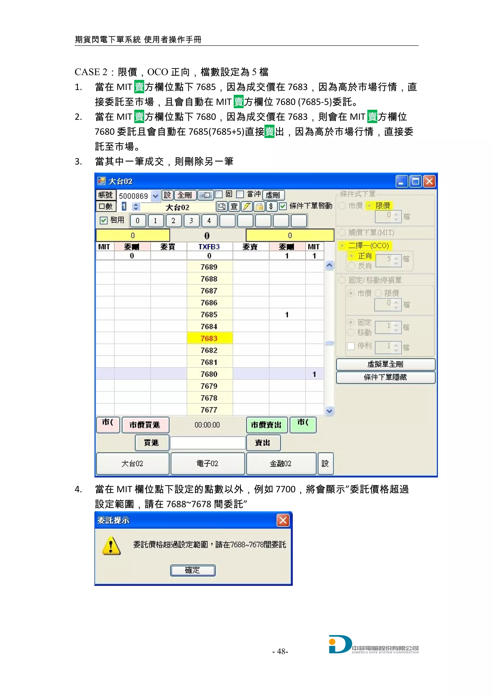 期貨閃電下單系統 使用者操作手冊
CASE 2：限價，OCO 正向，檔數設定為 5 檔
1. 當在 MIT 賣方欄位點下 7685，因為成交價在 7683，因為高於市場行情，直
接委託至市場，且會自動在 MIT 賣方欄位 7680 (7685-5)委託。
2. 當在 MIT 賣方欄位點下 7680，因為成交價在 7683，則會在 MIT 賣方欄位
7680 委託且會自動在 7685(7685+5)直接賣出，因為高於市場行情，直接委
託至市場。
3. 當其中一筆成交，則刪除另一筆
4. 當在 MIT 欄位點下設定的點數以外，例如 7700，將會顯示”委託價格超過
設定範圍，請在 7688~7678 間委託”
- 48-
 