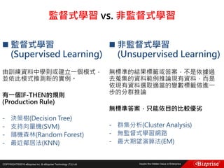 COPYRIGHT©2016 eBizprise Inc. & eBizprise Technology (TJ) Ltd.
監督式學習 vs. 非監督式學習
 監督式學習
(Supervised Learning)
由訓練資料中學到或建立一個模式，
並依此模式推測新的實例。
有一個IF-THEN的規則
(Production Rule)
- 決策樹(Decision Tree)
- 支持向量機(SVM)
- 隨機森林(Random Forest)
- 最近鄰居法(KNN)
 非監督式學習
(Unsupervised Learning)
無標準的結果標籤或答案，不是依據過
去蒐集的資料範例推論現有資料，而是
依現有資料選取適當的變數標籤做進一
步的分群推論
無標準答案，只能依目的比較優劣
- 群集分析(Cluster Analysis)
- 無監督式學習網路
- 最大期望演算法(EM)
 