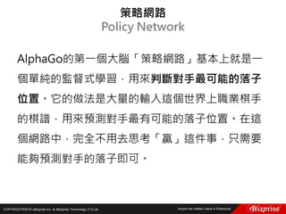 COPYRIGHT©2016 eBizprise Inc. & eBizprise Technology (TJ) Ltd.
AlphaGo的第一個大腦「策略網路」基本上就是一
個單純的監督式學習，用來判斷對手最可能的落子
位置。它的做法是大量的輸入這個世界上職業棋手
的棋譜，用來預測對手最有可能的落子位置。在這
個網路中，完全不用去思考「贏」這件事，只需要
能夠預測對手的落子即可。
策略網路
Policy Network
 