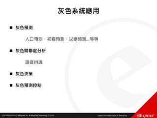 COPYRIGHT©2016 eBizprise Inc. & eBizprise Technology (TJ) Ltd.COPYRIGHT©2015 eBizprise Inc. & eBizprise Technology (TJ) Ltd.
灰色系統應用
 灰色預測
人口預測、初霜預測、災變預測…等等
 灰色關聯度分析
語音辨識
 灰色決策
 灰色預測控制
 