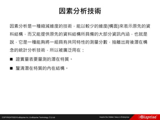 COPYRIGHT©2016 eBizprise Inc. & eBizprise Technology (TJ) Ltd.
因素分析是一種縮減維度的技術，能以較少的維度(構面)來表示原先的資
料結構，而又能提供原先的資料結構所具備的大部分資訊內涵，也就是
說，它是一種能夠將一組具有共同特性的測量分數，抽離出背後潛在構
念的統計分析技術，所以被廣泛用在：
 證實量表要量測的潛在特質。
 釐清潛在特質的內在結構。
因素分析技術
 