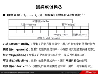 COPYRIGHT©2016 eBizprise Inc. & eBizprise Technology (TJ) Ltd.
 有k個變數X1、X2、…、Xk，則一個變數Xi的變異可分成幾個部分：
共通性(communality)：變數Xi的變異量成份中，屬於與其他變數共通的部分
獨特性(uniqueness)：變數Xi的變異量成份中，不屬於與其他變數共通的部分
特定性(specificity)：變數Xi的變異量獨特成份中，屬於可信賴的部分
可信賴性(reliability)：變數Xi的變異量成份中，屬於共通與特定的部分
隨機誤(random error)：變數Xi的變異量獨特成份中，屬於不可信賴的部分
變異成份概念
 